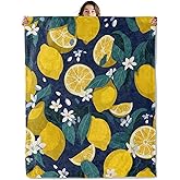 SOMEKLLY Lemon Throw Blanket Soft Cozy Lightweight Flannel Blankets with Floral and Leaf on Navy Blue Background Printed for Fruit Lover Bedroom Dorm Office Fresh Botanical Decor Gifts 50x60 Inch