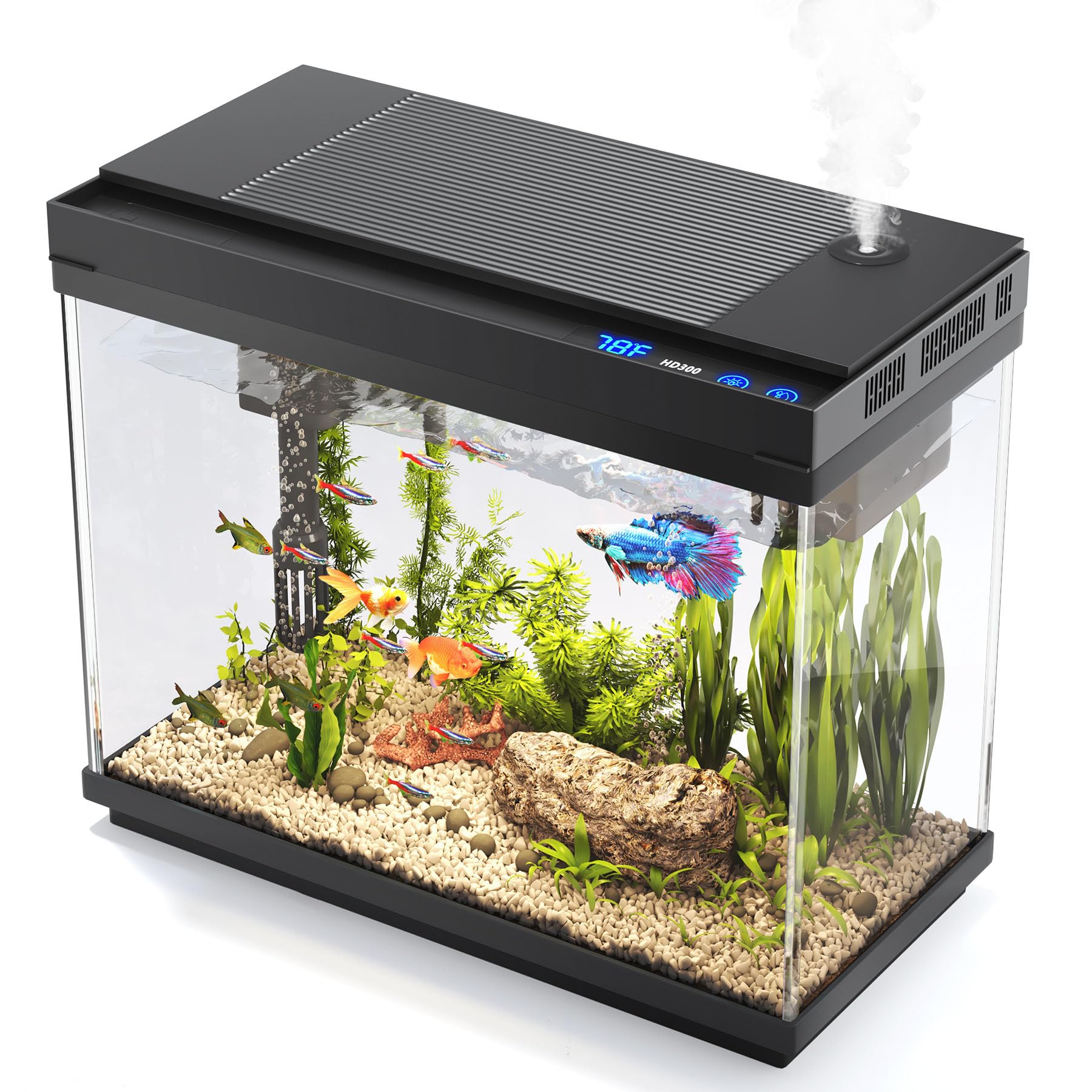 Photo 1 of Vehipa Fish Tank, 2.4 Gallon Fish Aquarium, Fish Tank Starter kit with Smart Humidifier, Temperature Display, 7-Color Lighting, 3 in 1 Quiet Pump with Filteration & Oxygenation & Circulation