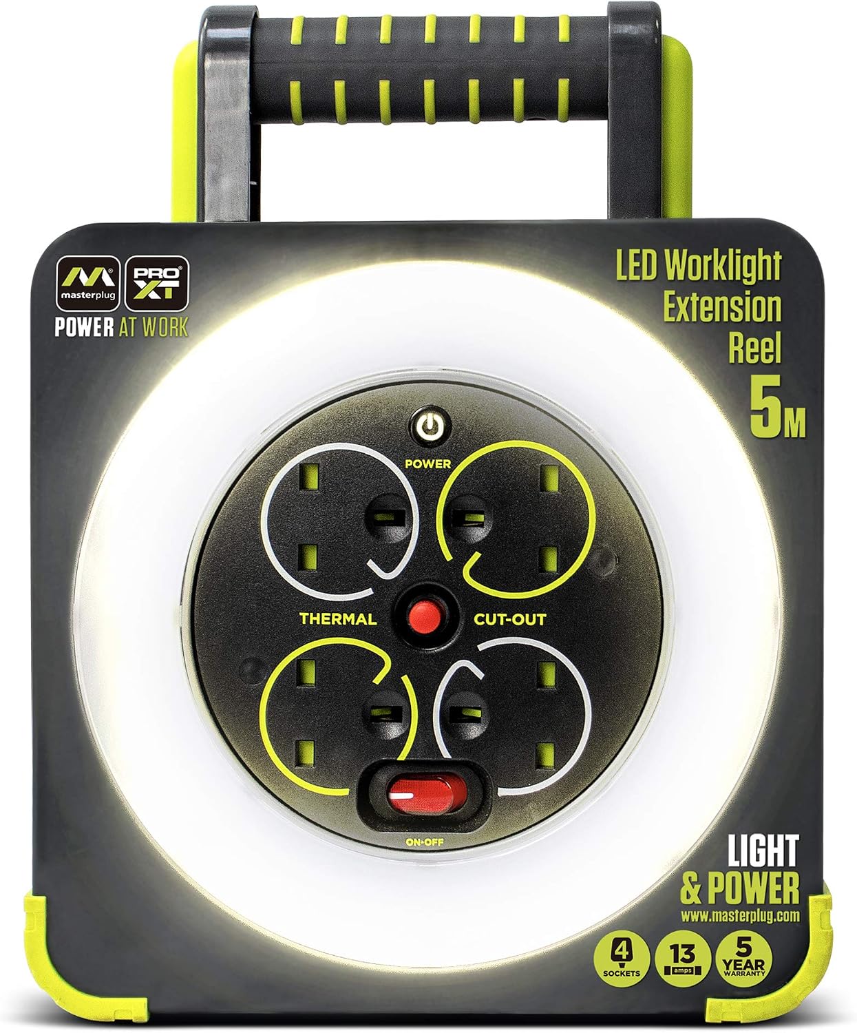 Masterplug WLU05134SL-PX Pro-XT Four Socket LED Work Light Extension Reel with Fold Out Stand