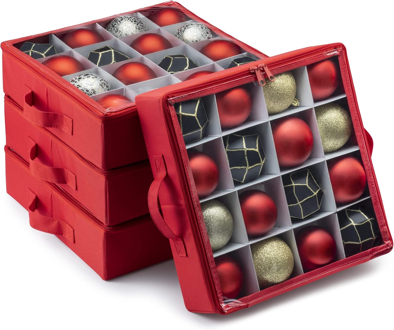Holiday Décor Storage - ZOBER Christmas Ornament Storage - 16.5x16.5x4 Inch Ornament Tray Organizer Boxes w/Dividers - Compartments for Fragile Ornaments and Holiday Decoration - Red
