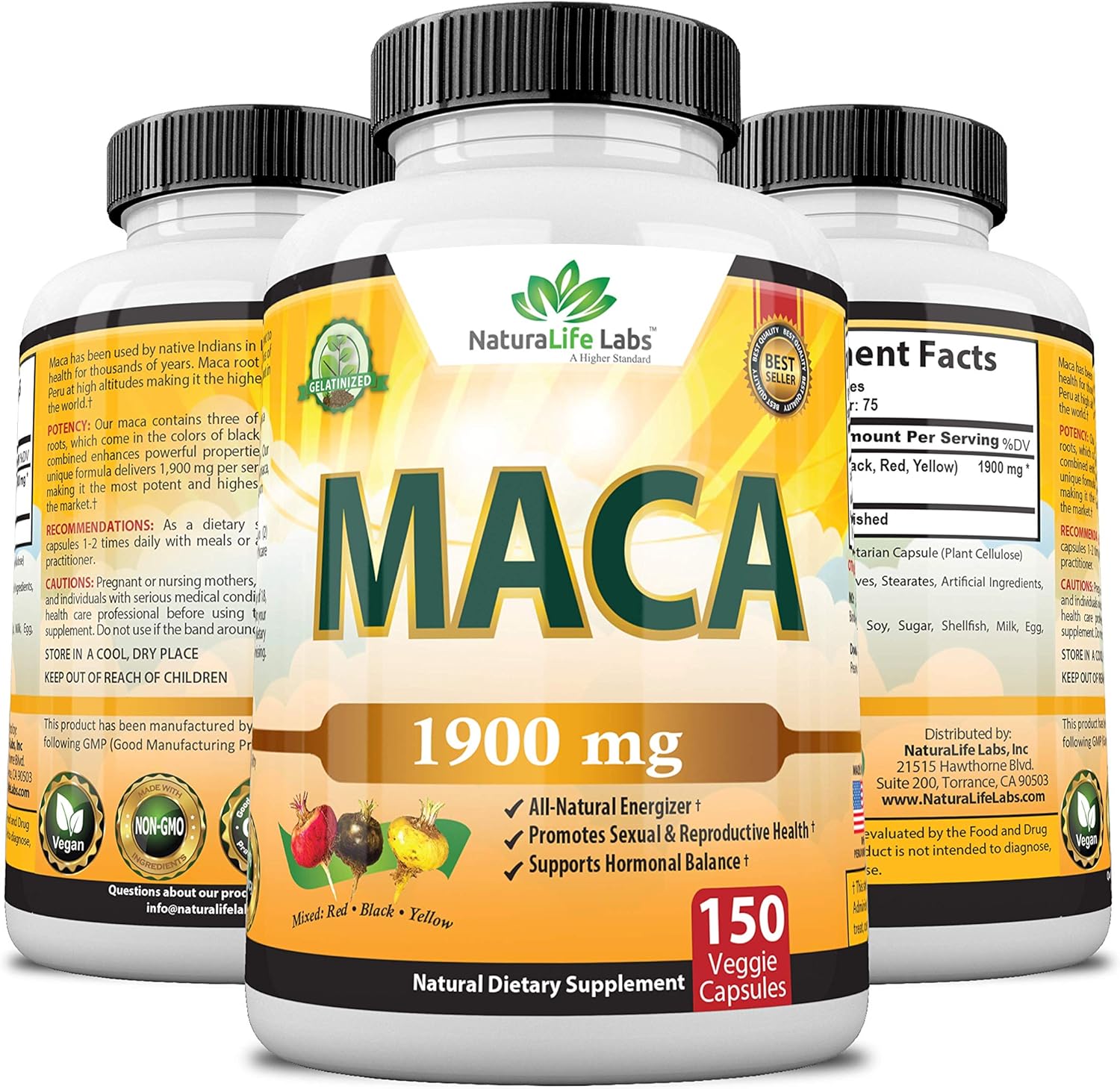 Organic Maca Root Black, Red, Yellow 1900 MG per Serving - 150 Vegan Capsules Peruvian Maca Root Gelatinized 100% Pure Non-GMO Supports Reproductive Health Natural Energizer: Health & Personal Care