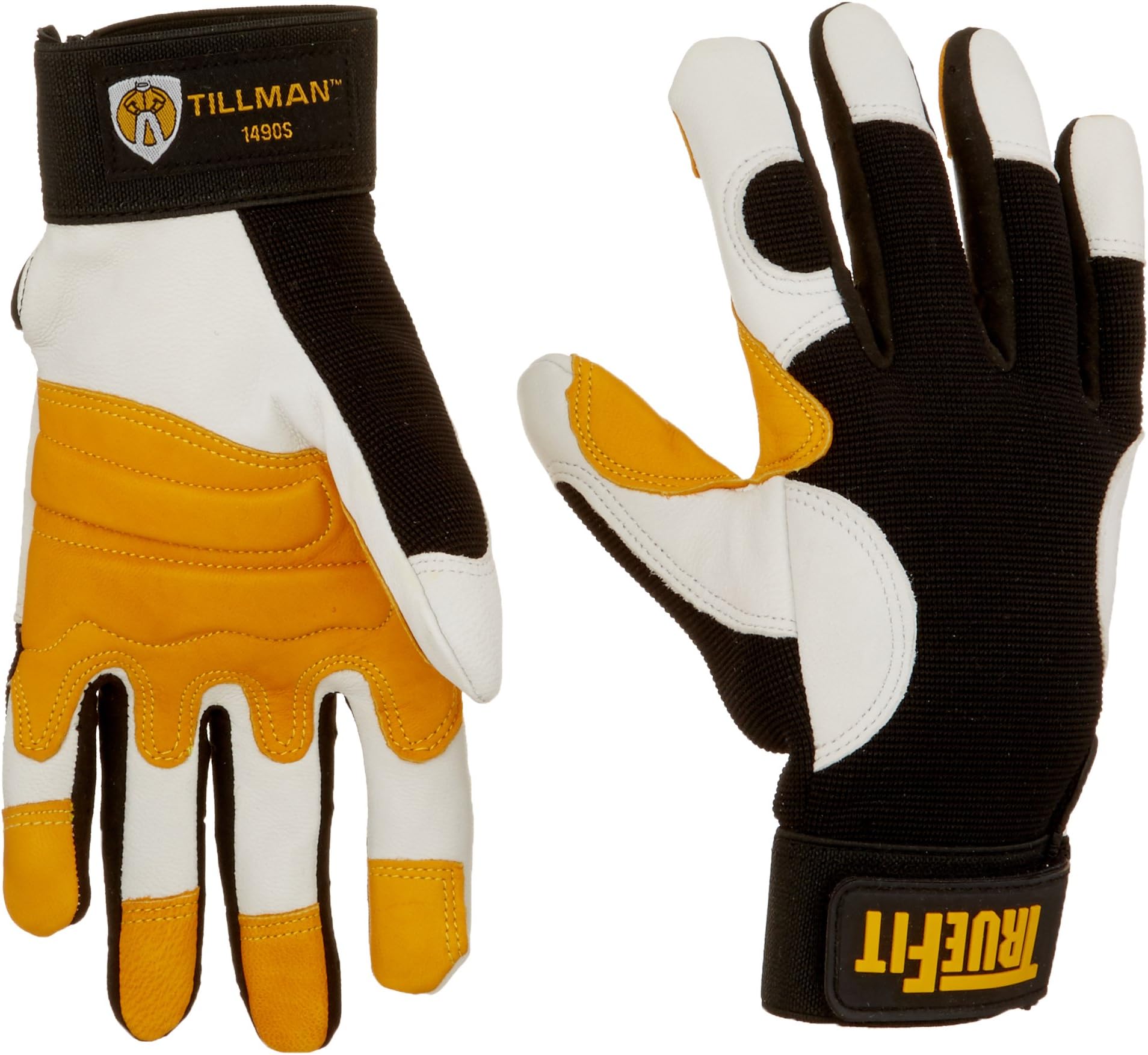 John Tillman Small Black, Pearl and Gold TrueFit Goatskin and Spandex Full Finger Mechanics Gloves with ElasticHook and Loop Cuff (TIL1490S)