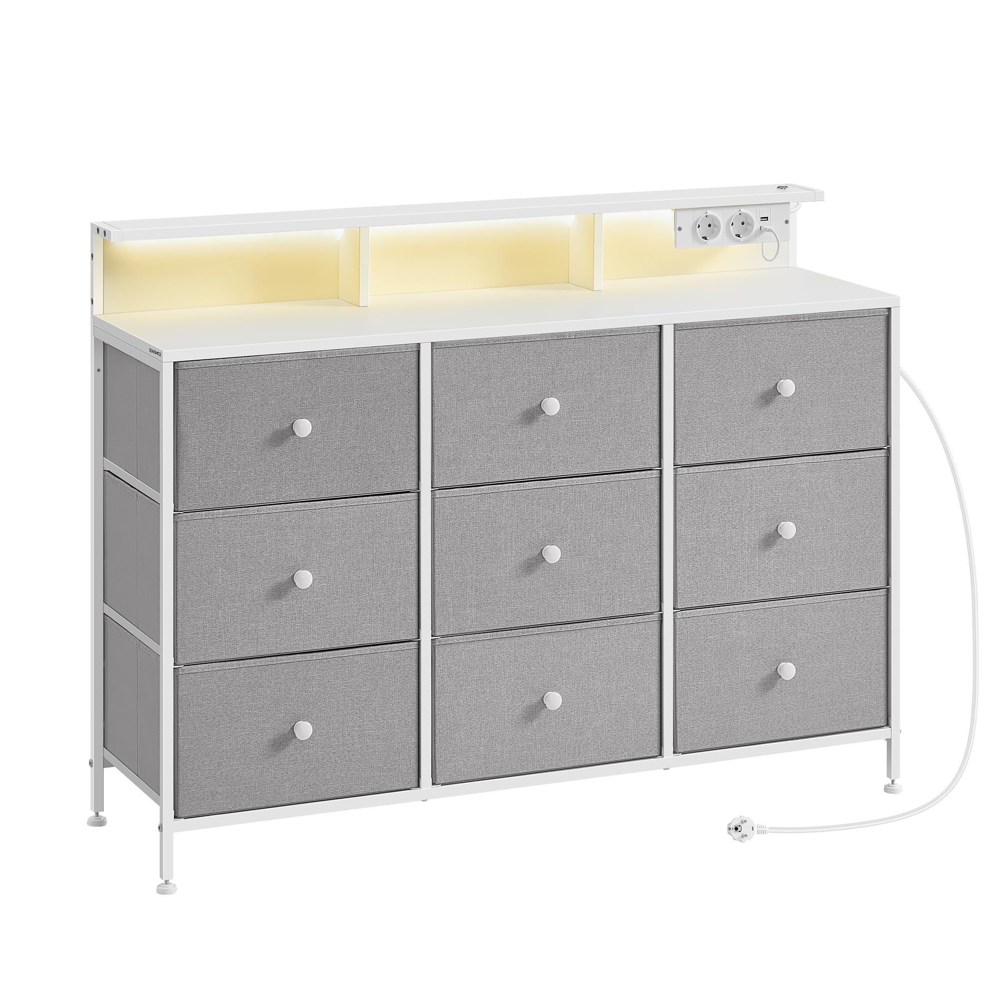SONGMICS Kommode, Aufbewahrungsschrank mit 9 Schubladen und LED-Beleuchtung, Steckdosenleiste, Stahlrahmen, 33,5 x 114 x 84 cm, für Schlafzimmer, Wohnzimmer, wolkenweiß LTS519W02