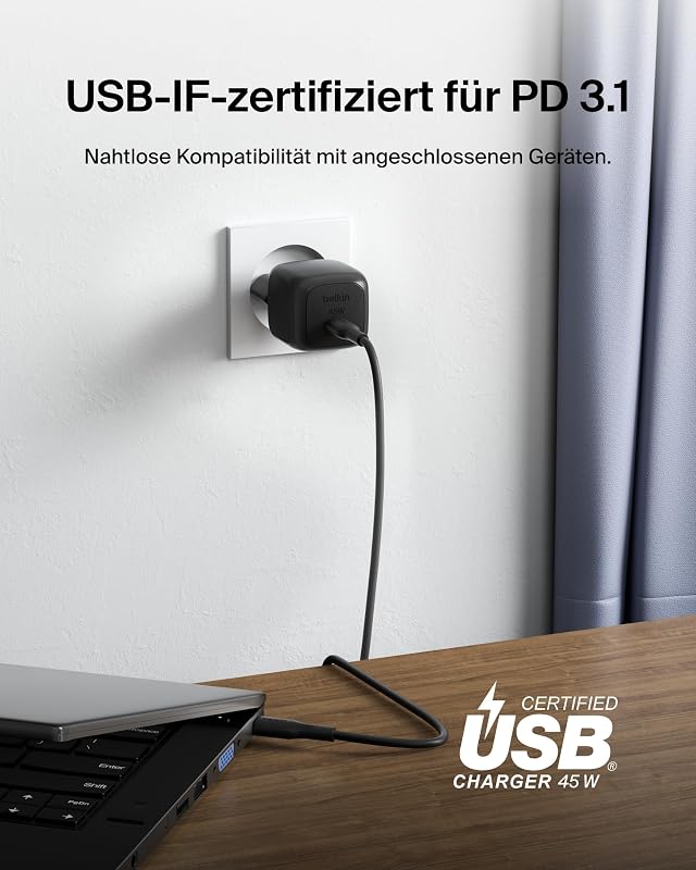 kompaktes USB-C Ladegerät 45W, USB-C Power Delivery zum Schnellladen für Apple iPhone 17, iPhone 16, iPhone 15-Serie, Samsung Galaxy, Google Pixel, iPad, AirPods usw. – Schwarz