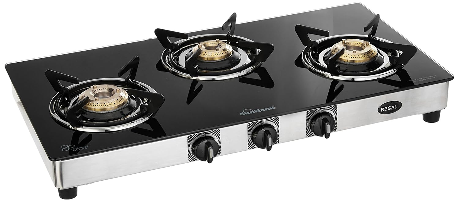 Manual Ignition Regal Glass Top 3 Burner Gas Stove Sunflame Best Price With Best Deal in