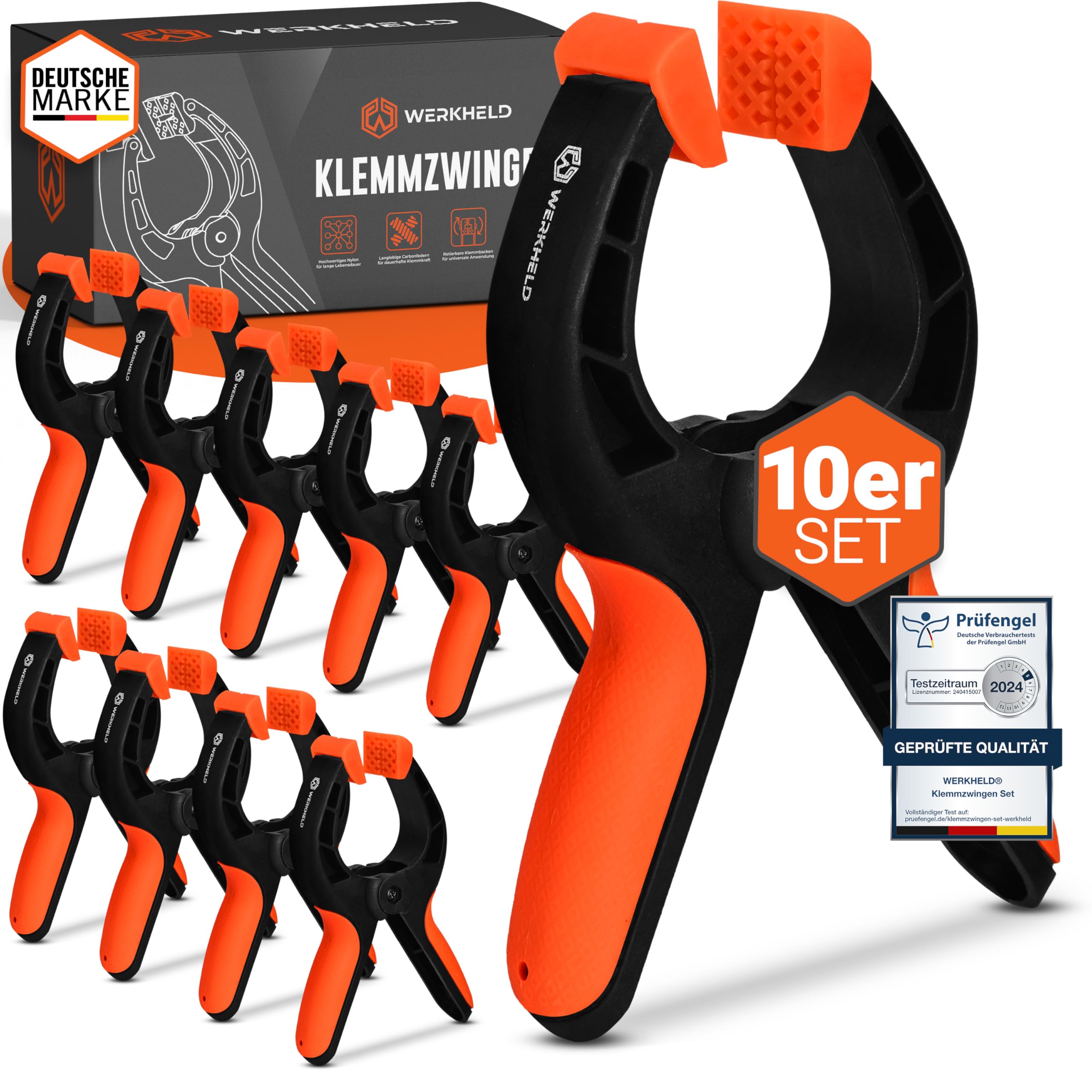 WERKHELD® Clamping Clamps Set [10 Clamps] - Orange Nylon Spring Clamps with Carbon Spring & Rubberised Handles - 7 cm Span & 13 kg Clamping Force