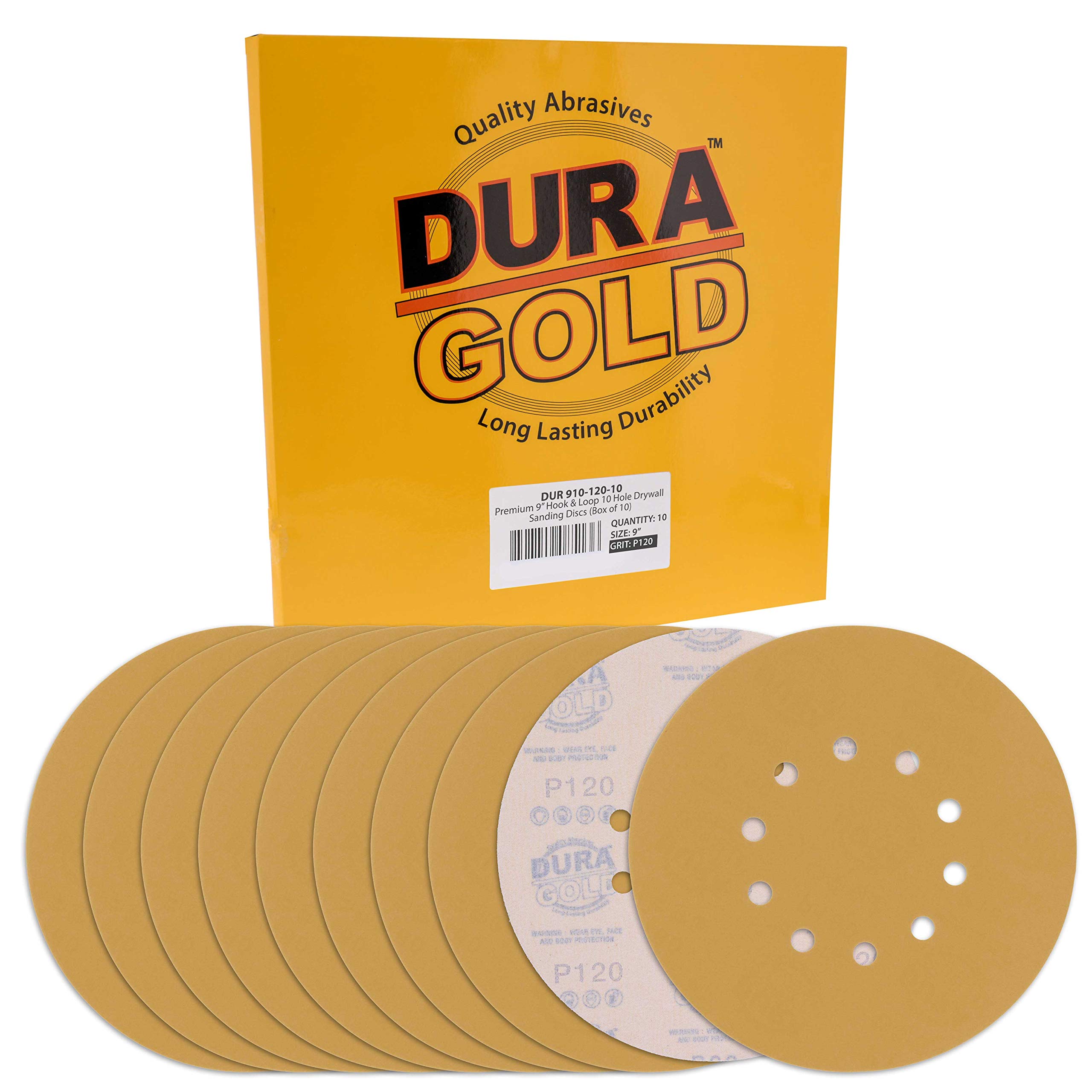 Dura-Gold Premium 9" Drywall Sanding Discs - 120 Grit (Box of 10) - 10 Hole Pattern Sandpaper Discs with Hook & Loop Backing, Fast Cutting Aluminum Oxide Abrasive - For Drywall Power Sander, Sand Wood
