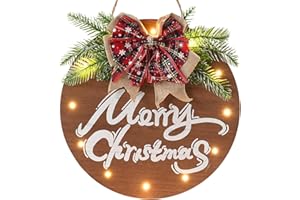 HOMCDALY Merry Christmas Sign for Front Door, Wooden Hanging Sign Door Decoration with 12 LED Light, Winter Welcome Wreath indoor outdoor Décor, Christmas Decoration.