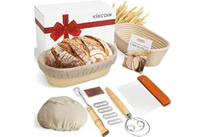 KIKCOIN Banneton Bread Proofing Basket, 10 Inch Oval Sourdough Bread Baking Supplies, Sourdough Proofing Basket Set of 2, Sourdough Starter Kit with Bread Lame, Linen Liner, Metal Scraper, Dough Whisk