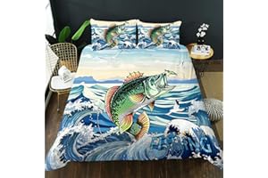 AILONEN Big Pike Fishing Duvet Cover for Boys Teen King Size, Bass Fish Bedding Set,Big Fish Eat Small Fish Hunting and Fishing Comforter Cover,3 Pieces,1 Quilt Cover and 2 Pillowcases