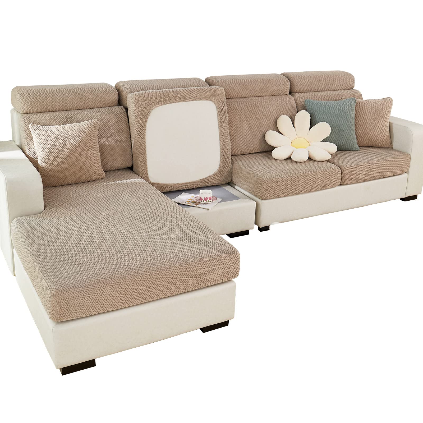 Super Stretch Sofa Cover 1 2 3 4 Seater L Shape, WearResistant Spandex Corner Sofa Cover Non Slip Sofa Slipcovers with Elastic Bottom, Great for Kids & Pets (Weave Camel, 1 Seater)