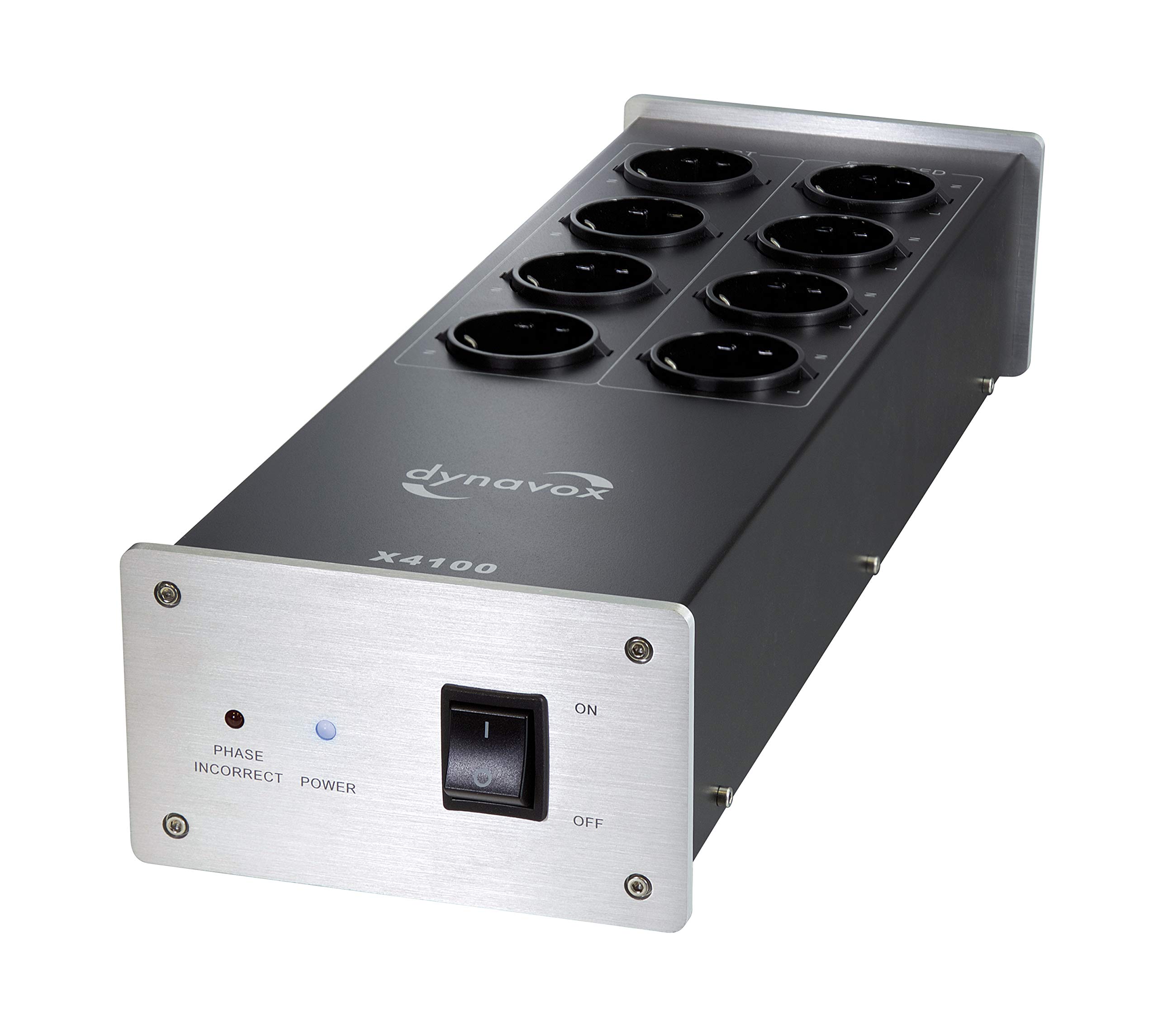 Dynavox Hi-Fi Mesh Filter X4100S Multi Socket with 8 Slots with LED Indicator Light for Correct Phase Position, Silver