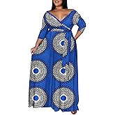 Runwind Plus Size Maxi Dresses for Curvy Women, 3/4 Sleeve V Neck Long Printed Dress with Belt Casual Dress with Pockets