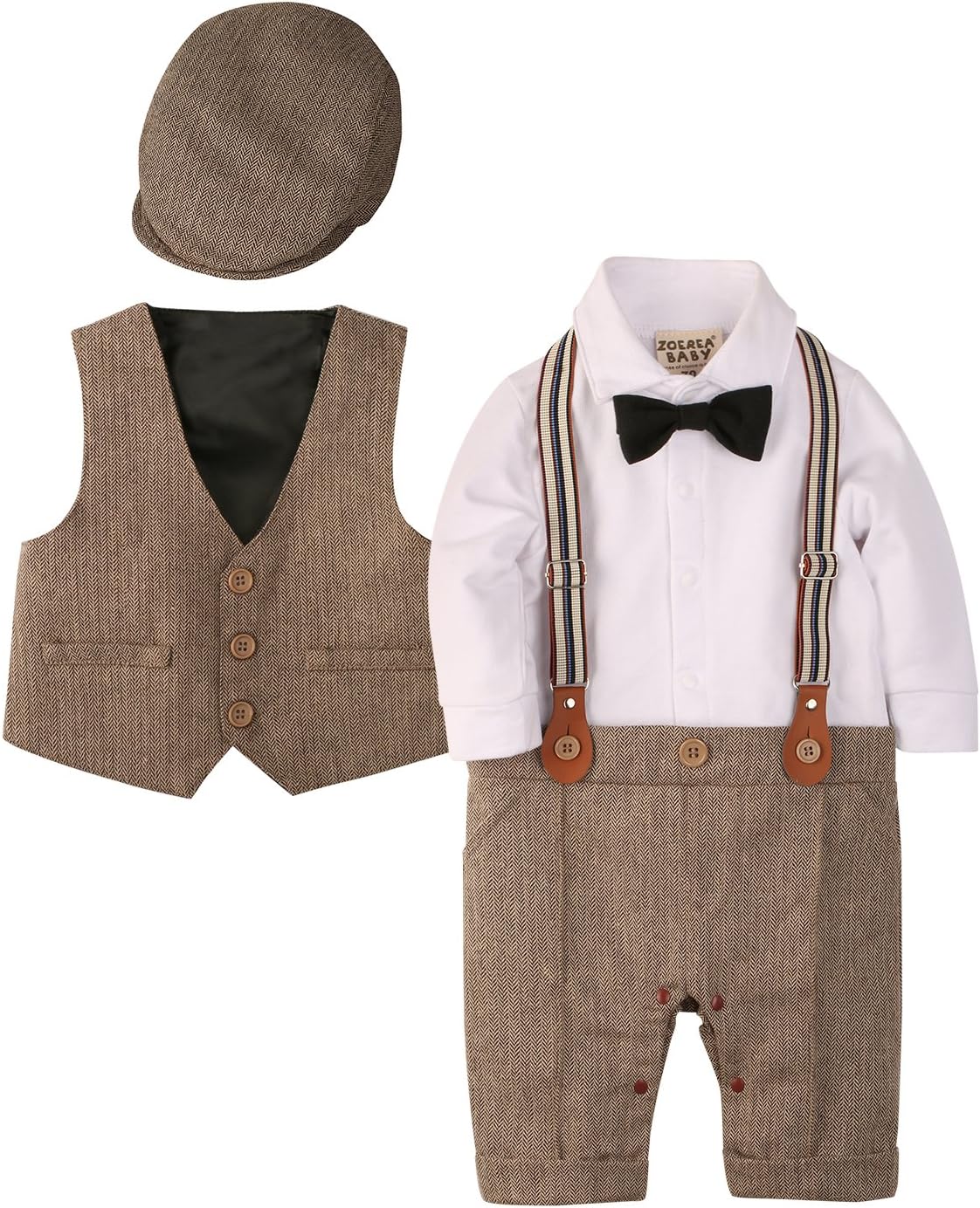 ZOEREA Baby Boy Outfits Set, 3pcs Long Sleeves Gentleman Jumpsuit & Vest Coat & Berets Hat with Bow Tie
