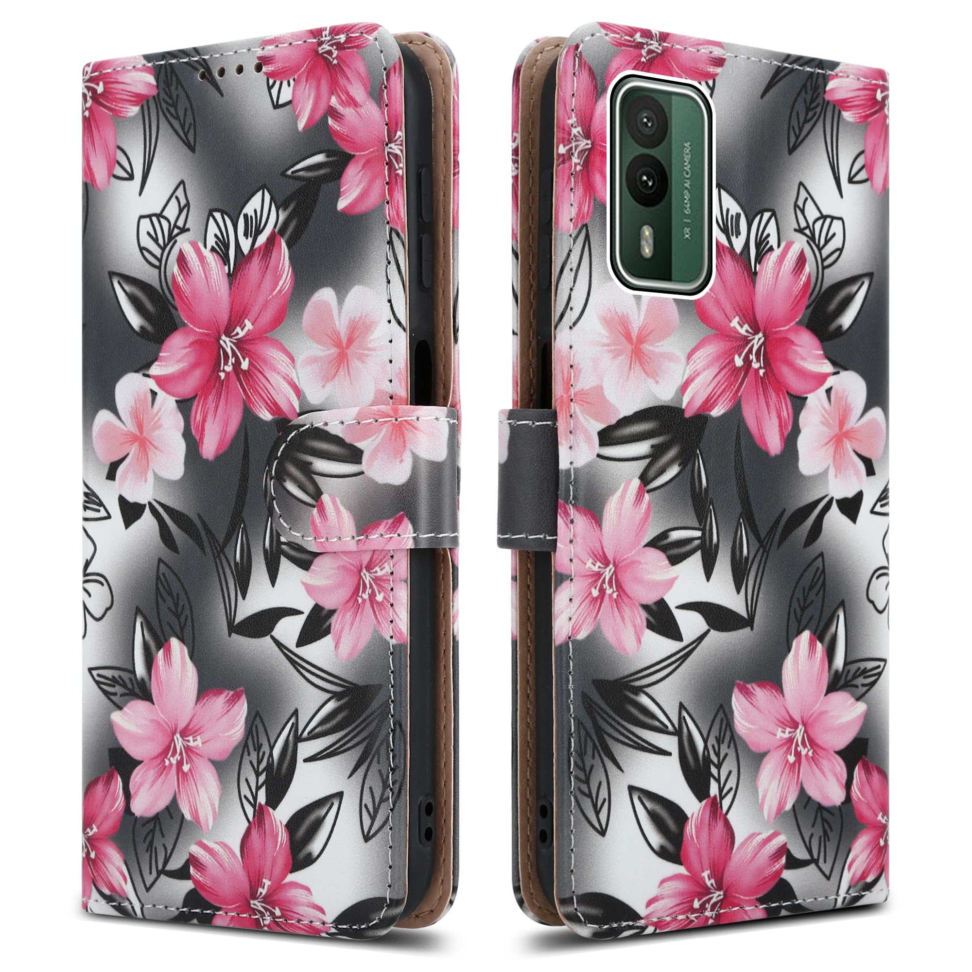 PIXFAB For Nokia XR21 Leather Phone Case, Magnetic Closure Full Protection Book Folio Design, Wallet Case Cover [Card Slots] and [Kickstand] For Nokia XR21 - Flower