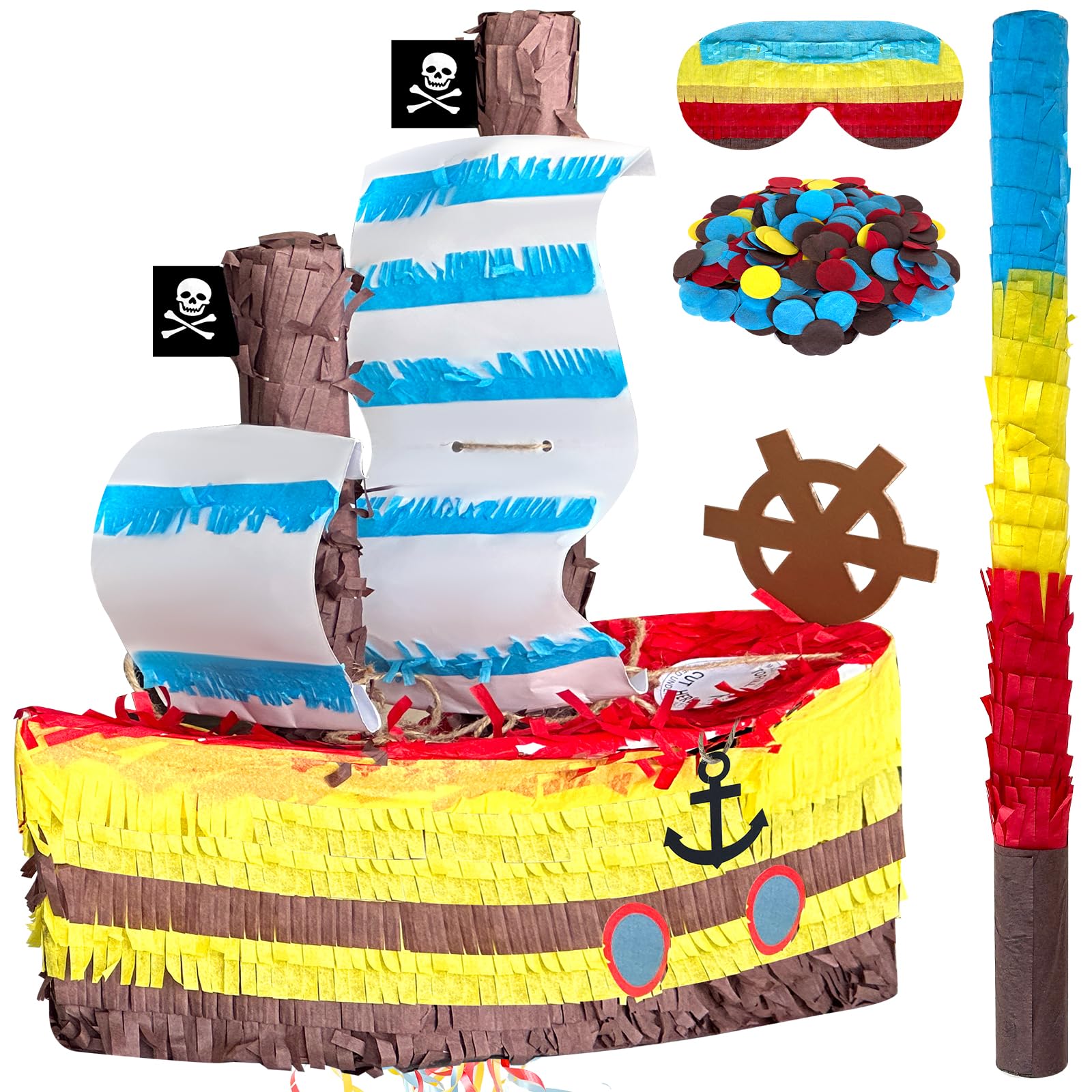 Photo 1 of 4 Pcs Large Pirate Piñata Set 15.74 x 7.1 x 15.94'' Pirate Ship Piñata with Blindfold, Bat and Confetti for Birthday Party Nautical Adventure Theme Game Decor Supplies Photo Prop Funny Anniversary