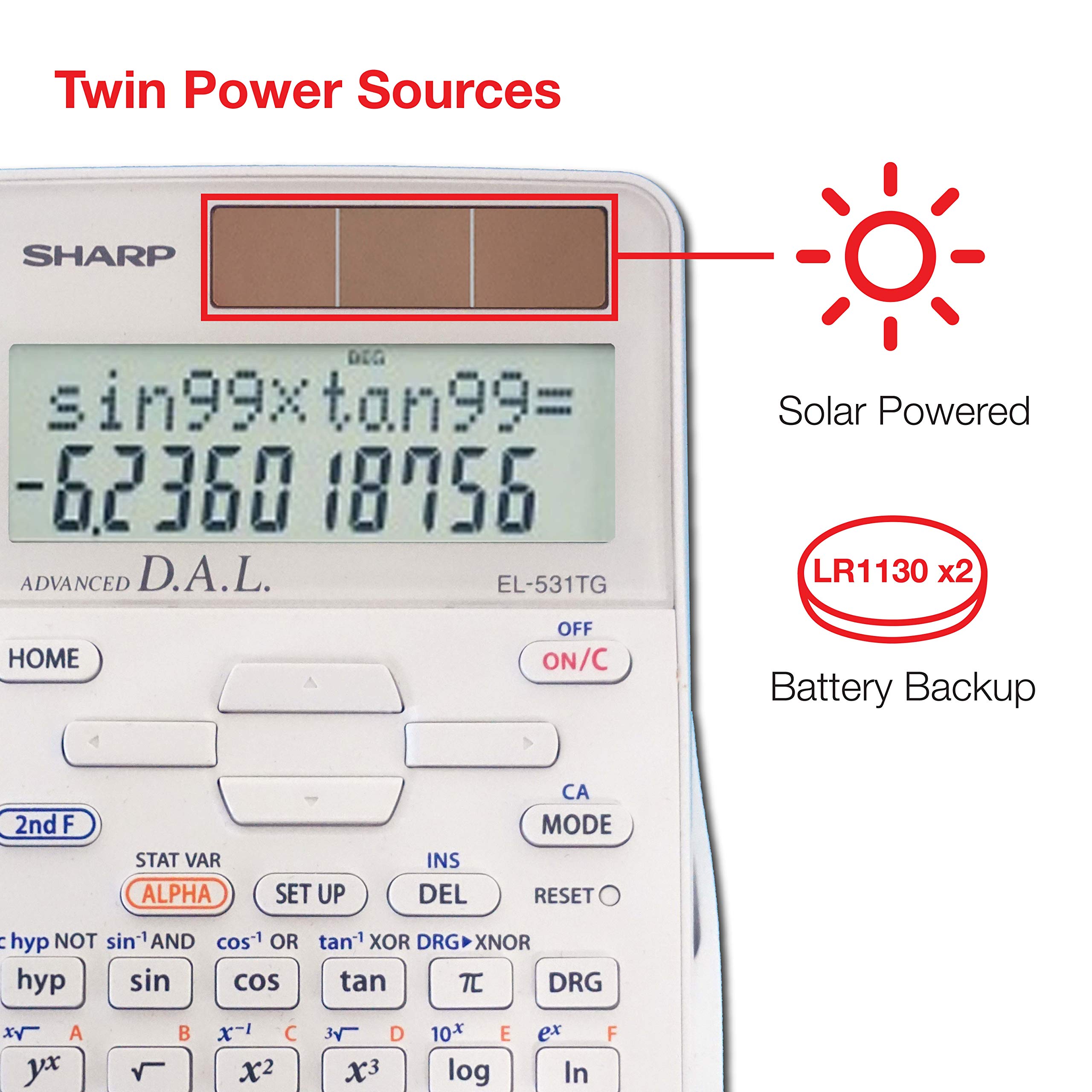 Sharp EL-531TGBDW 12-Digit Scientific/Engineering Calculator with Protective Hard Cover, Battery and Solar Hybrid Powered LCD Display, Great for Students and Professionals, Silver