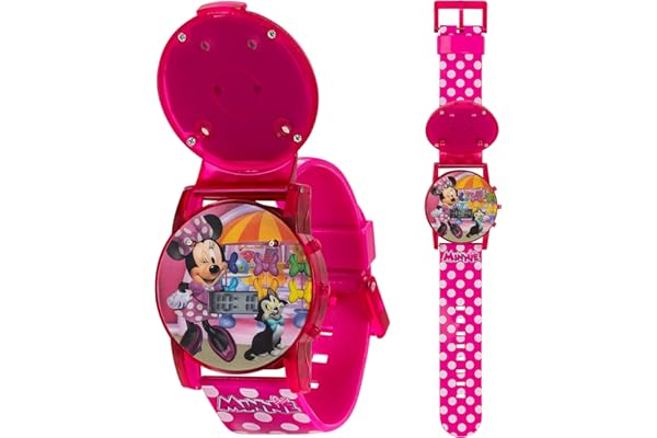Disney Minnie Mouse Kids Flashing Musical Watch with Sound Effects, Colorful LED Lights, Interactive Flip Cover, Easy Digital Time Display, Adjustable Pink Polka Dot Strap, Fits Wrists 5.5" to 8"