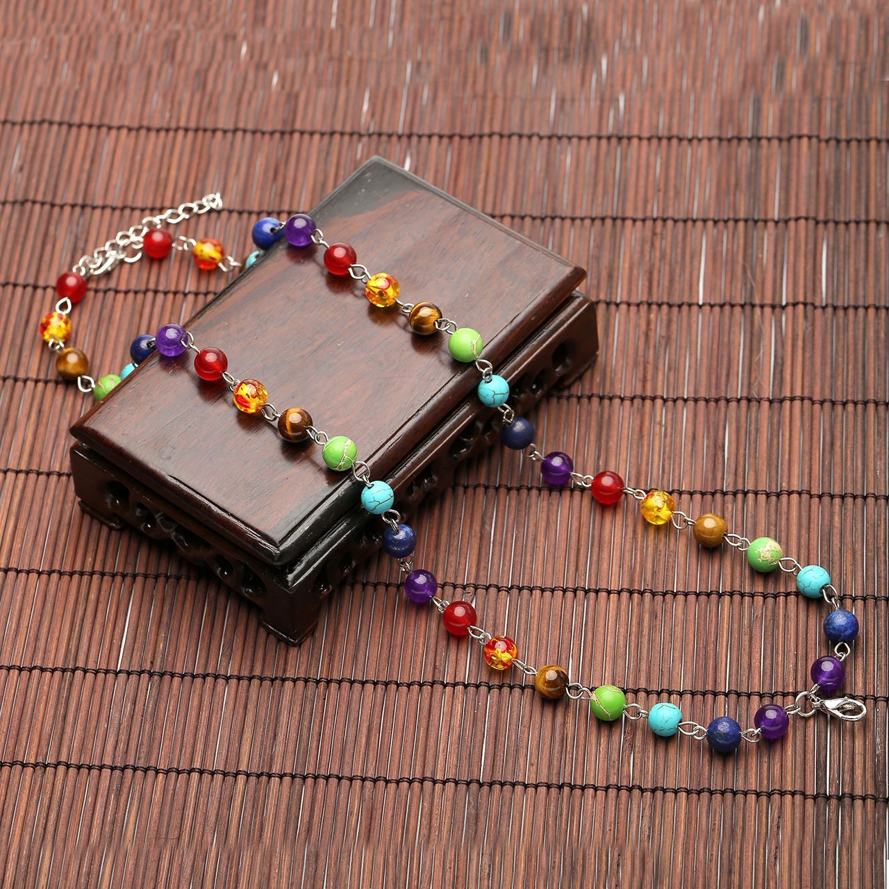 Top Plaza 7 Chakra Gemstones Tree of Life Healing Crystal Energy Yoga Balance Meditation Semi Precious Beads Necklace Bracelet Set(#1 Silver Round)