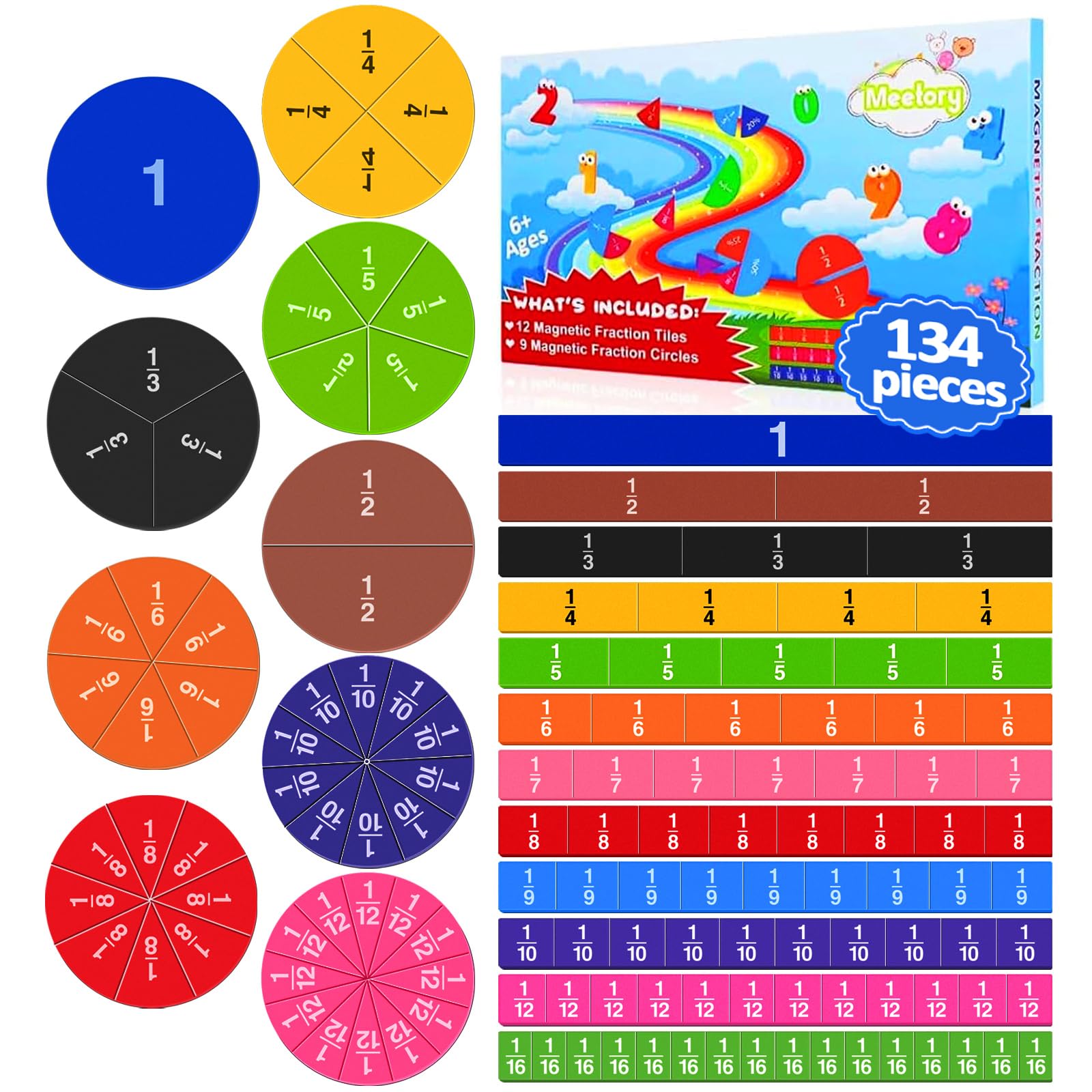 Meetory 134 Pieces Magnetic Fraction Tiles Fraction Circles, Calculation Learning, Fraction Parts Math Manipulatives, School Gifts for Preschool Elementary School Educational Resources Education Kit