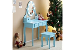 Karl home Kids Vanity Table and Chair Set, Princess MDF Dressing Table with 3-Color LED Lighted Mirror and 3 Drawers, Lovely Waved Design for Toddler's Bedroom and Playroom Decor, Macaroon Blue