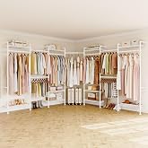 ONBRILL L7 Wall Mounted Industrial Pipe Clothing Rack, Corner Closet System | Heavy Duty Modular Garment Rack with 9 Hanging Rods ( 6 Expandable) &amp; 10 Adjustable Shelves, Large Wardrobe - White