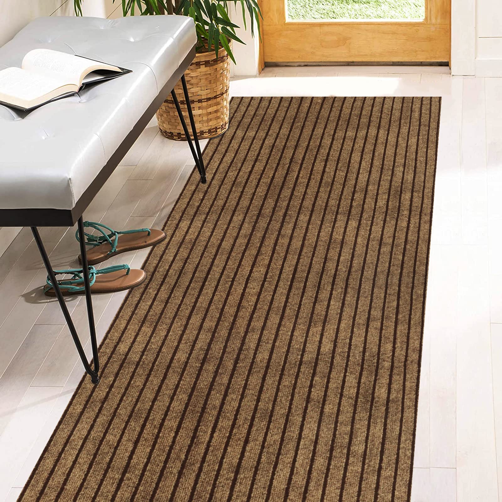 Photo 1 of 2' x 6' Runner Rugs with Rubber Backing, Indoor Outdoor Utility Carpet Runner Rugs, Stripe Brown, Can Be Used as Aisle for The RV and Boat, Laundry Room and Balcony