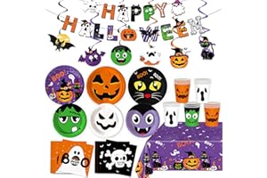 XUELIREN 123PCS Halloween Themed Party Supplies for Boys Girls Kids Cartoon Halloween Decoration Tableware Set with Tablecloth and Banner Dessert Plates Napkins Cups Set for 30 Guests