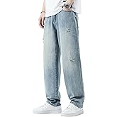 DOSLAVIDA Mens Jeans Regular Fit Ripped Jean Relaxed Fit Straight Leg Distressed Skateboard Denim Pants