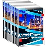 AMZKONIG 12 Pack Acrylic Sign Holder 8.5 x 11, Clear Plastic Wall Sign Holder with Adhesive Tape Wall Mount Display Stand Paper Holder for Menu, Office, Home, Store, Restaurant No Drilling Needed