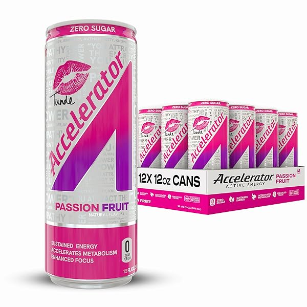 ACCELERATOR ACTIVE ENERGY DRINK SUGAR FREE ZERO CARBS, PASSION FRUIT TUNDE 12OZ CAN(12 PACK) ENHANCED FOCUS & SUSTAINED ENERGY FROM 100% NATURAL CAFFEINE (200MG), ASHWAGANDHA, COQ10 & GREEN TEA EXTRACT