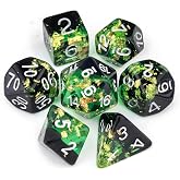 Haxtec DND Dice Set, 7 Pcs Gold Foil Resin Polyhedral Dice for Table Game | Green Black D&amp;D Dice for Role Playing Games with Velvet Pouch, Compatible with Dungeons and Dragons, Gifts for DM Masters