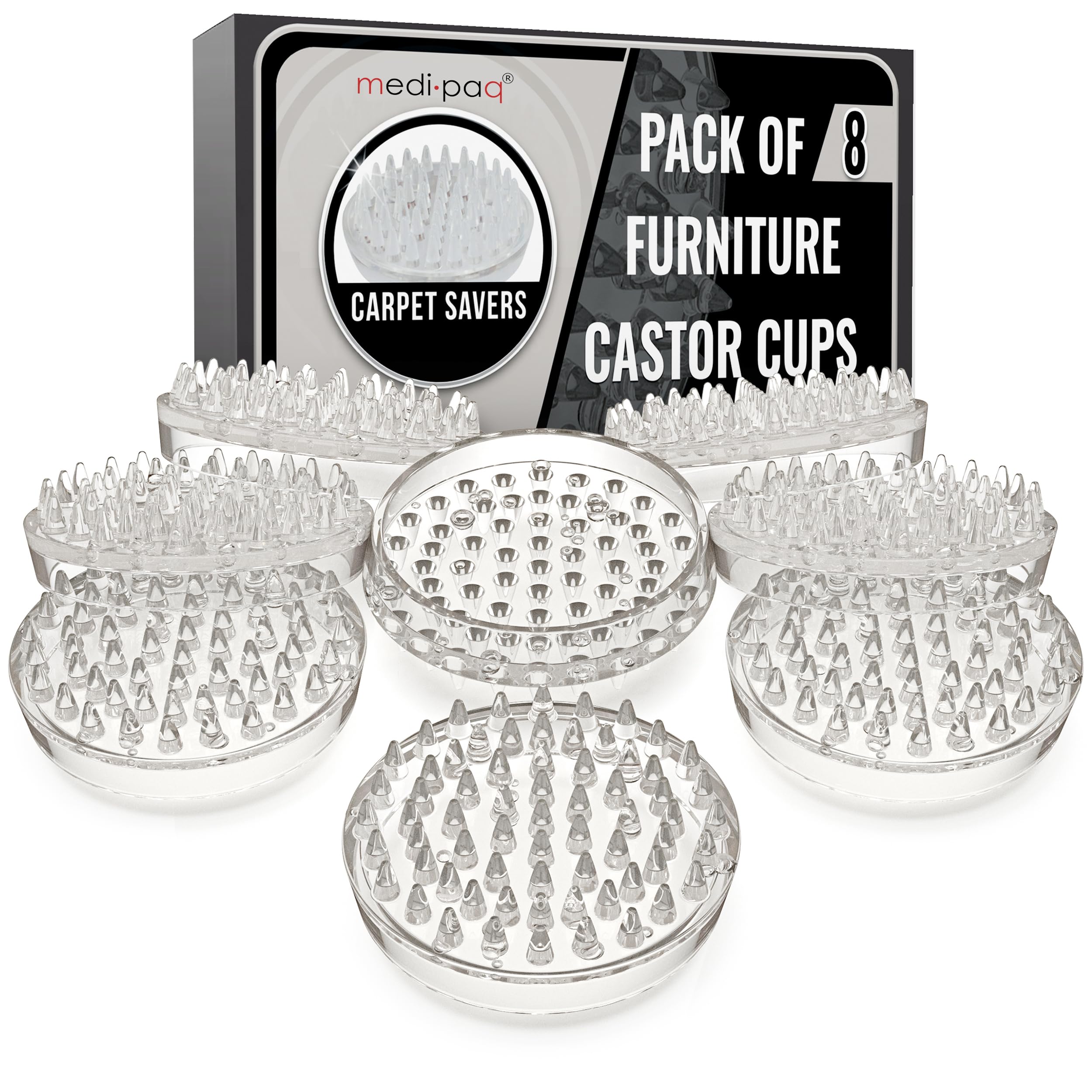 DIY Doctor - Pack of 8 Furniture Castor Cups - Carpet Savers - Carpet Protectors Cups To Remove Indentations and Damage - Furniture Carpet Protectors Cups - 53 spikes each - 50mm Diameter