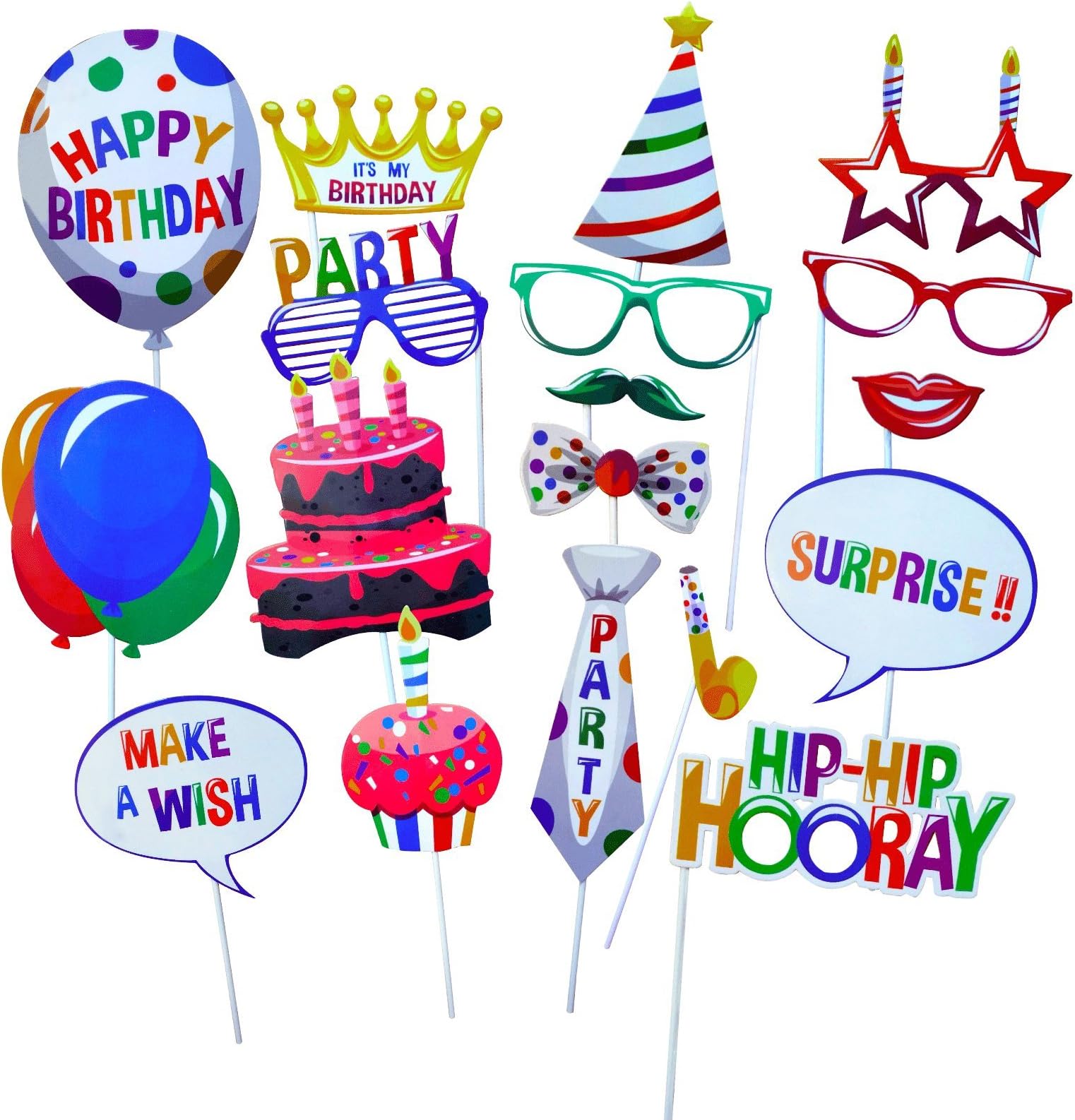 Birthday Photo Booth Props - Fully Assembled, No DIY Required Birthday Party Masks - Colorful and Durable Birthday Party Photobooth Props - Blend of Hats, Glasses, Mustaches, Lips (18 pcs)