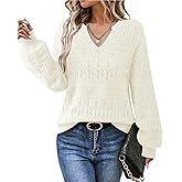 Furnex Womens Sweater 2025 V Neck Pullover Lightweight Stretchy Knit Top Lantern Sleeve Cute Fall Outfit Clothes