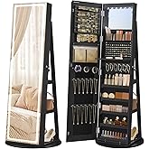 SONGMICS LED Jewelry Cabinet Standing, Lockable Armoire With Full-Length Mirror and Adjustable Lights, Space-Saving Organizer, Gift Idea, Ink Black UJJC008B01