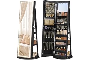 SONGMICS LED Jewelry Cabinet Standing, Lockable Armoire With Full-Length Mirror and Adjustable Lights, Space-Saving Organizer, Gift Idea, Ink Black UJJC008B01
