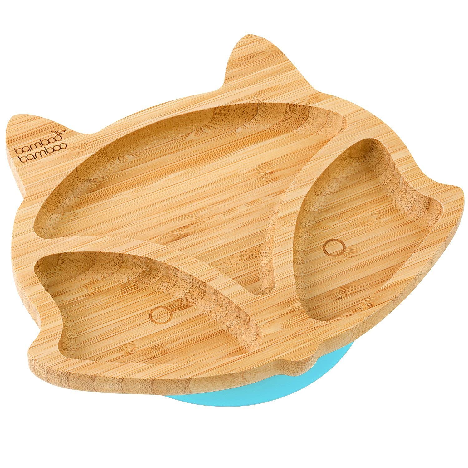 bamboo bamboo Baby and Toddler Plate for Feeding and Weaning, Bamboo Fox Plate with Secure Suction, Suction Plates for Babies from 6 Months (Fox, Blue)