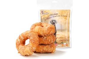 Pawmate Dog Treats Large Breed, Chicken Wrapped Rawhide Donut Rings, Rawhide Dog Chews Long Lasting, Grain Free Training Snacks with Taurine for Medium Large Dogs, 4 Counts