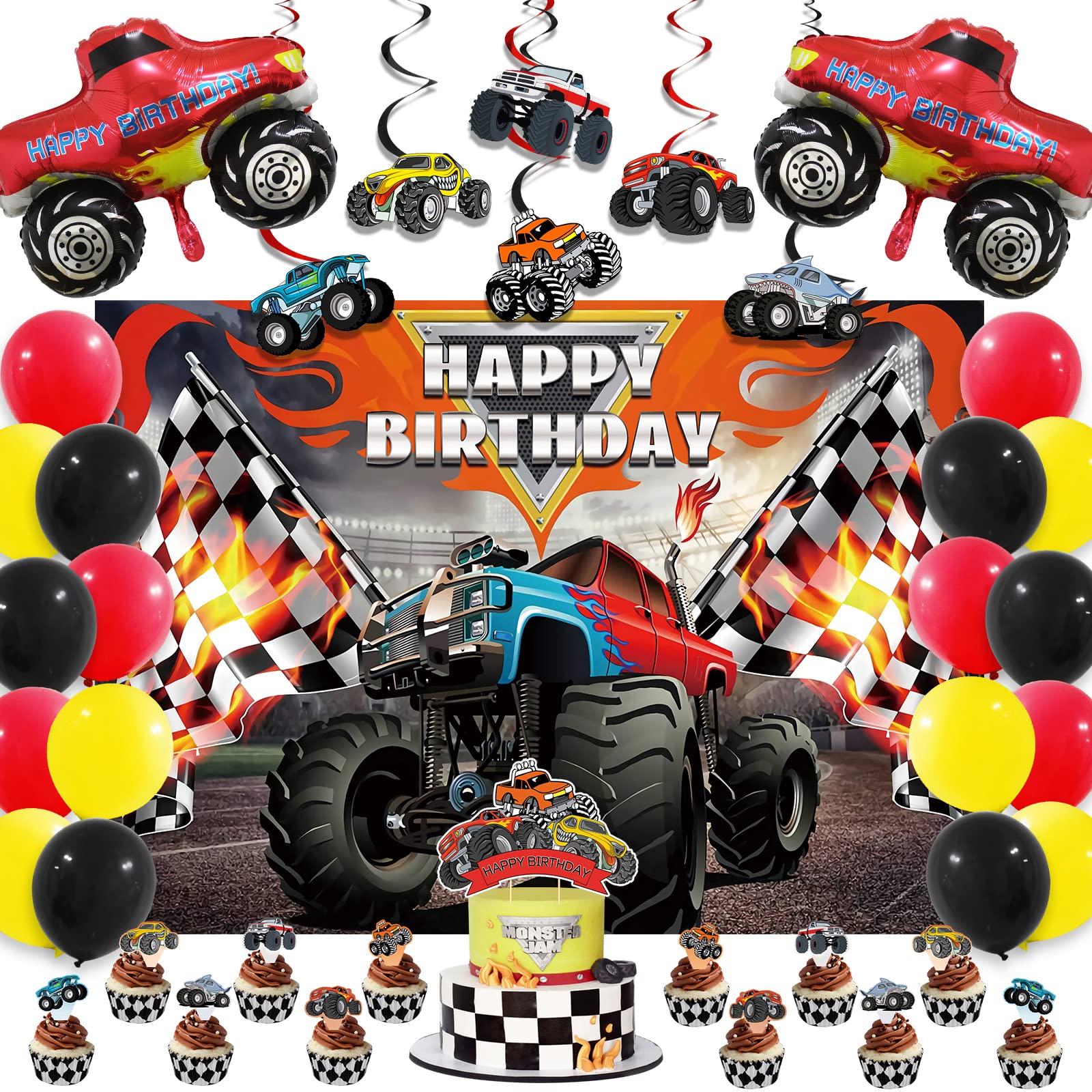 Monster Truck Party Supplies, Birthday Decorations, Includes Happy Birthday Backdrop, Machines Jam Foil Balloons, Truck Hanging Swirls, Cake & Cupcake Toppers, Multicolor Balloons