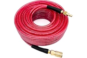 SYXQT Polyurethane(PU) 1/4-Inch x 100FT Reinforced, Air Hose with 1/4” Swivel Industrial Quick Coupler and Plug, Bend Restrictor,Red