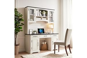 JXQTLINGMU Farmhouse 76" Height Computer Desk with Hutch, Office Desk with Charging Station, Drawers and Storage Cabinet, Workstation for Office Home, Off White