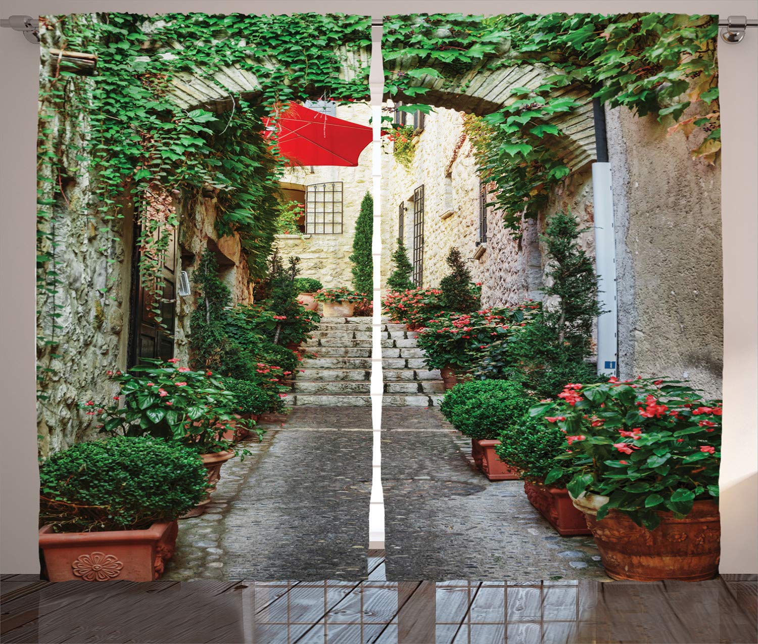 ABAKUHAUS Mediterranean Curtains, Narrow Street with Flowers Rural Wine Town in Southern France Provinces Photo, Living Room Bedroom Window Drapes 2 Panel Set, 69 W X 110 L, Green Grey — image 1