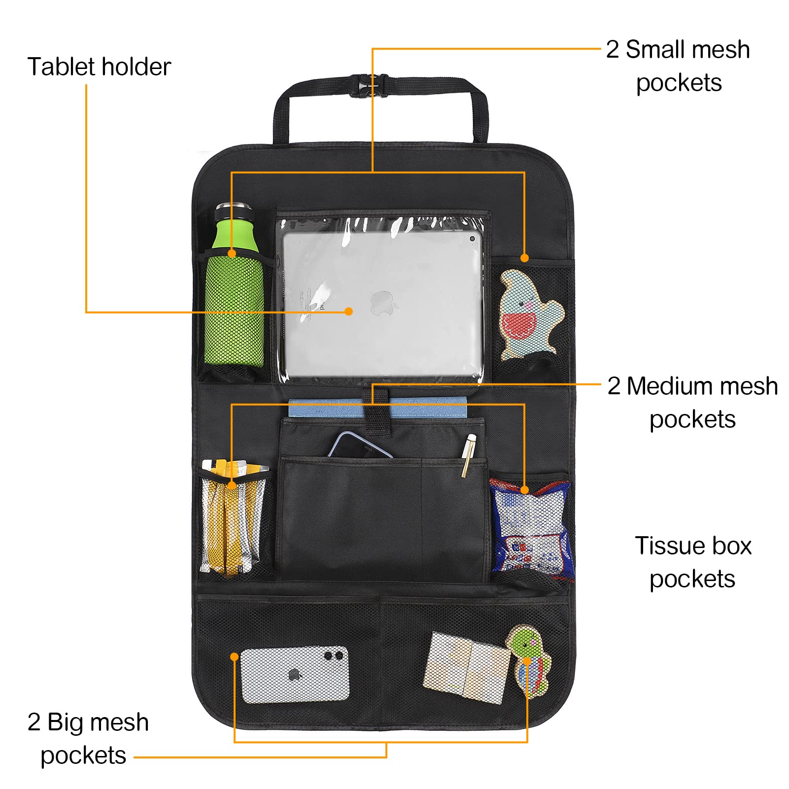 Car Storage Organizer 2 PCS,Car Backseat Organizer for Kids Durable Waterproof Oxford Fabric with Touchable Tablet Holder 8 Mesh Pockets and 2 Pockets for Snacks Toys,Car Travel Accessories