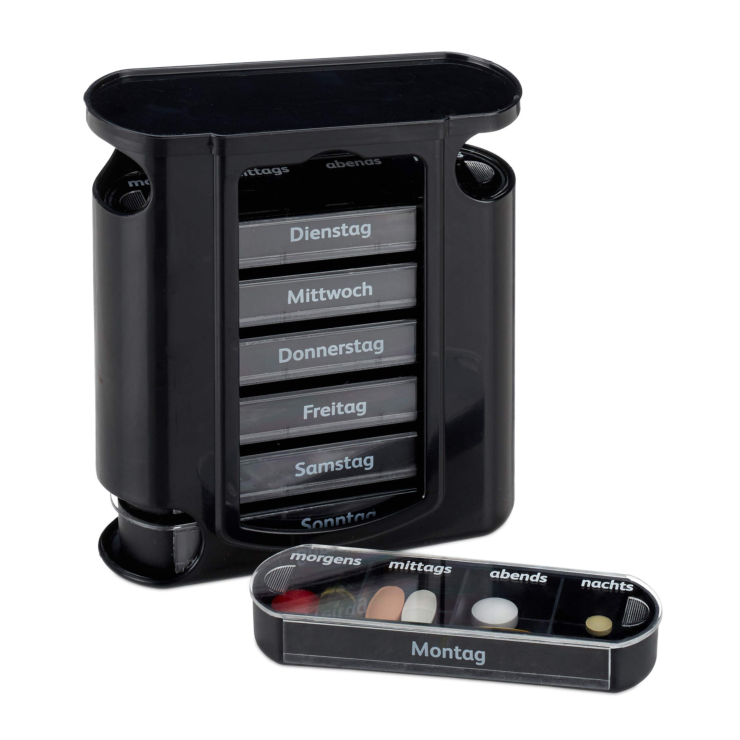 Relaxdays 7-Day Pill Organiser, Weekly Medicine Box, 4 Compartments, Morning, Noon, Evening, Night, Black, 13 x 11.5 x 4.5 cm