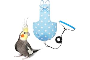 VANTRONIK VANFAVORI Bird Diaper Harness Flight Suit Clothes with 80 Inch Flying Leash for Parrots Cockatiel Pet Bird, Blue with White Dots, S Size, Including A Cotton Pad