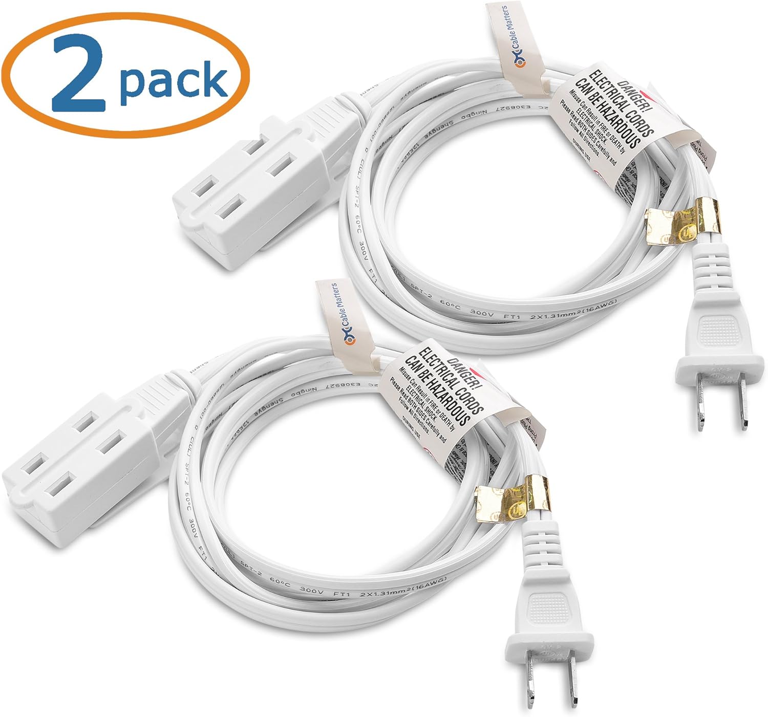 Cable Matters 2-Pack 16 AWG 2 Prong Extension Cord (3 Outlet Extension Cord) with Tamper Guard White in 6 Feet: Home Improvement
