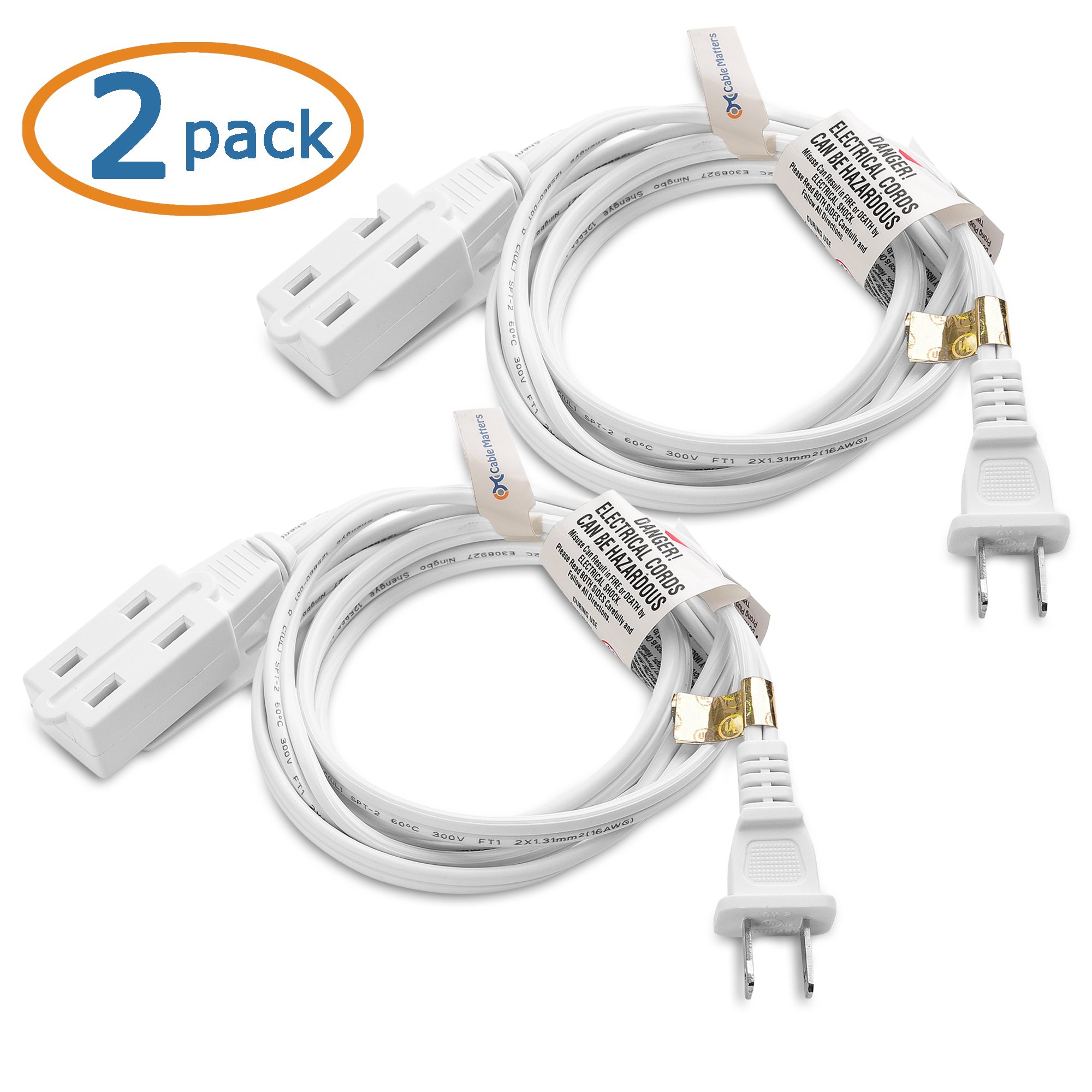 Cable Matters 2Pack 16 AWG 2 Prong Extension Cord (3 Outlet Extension