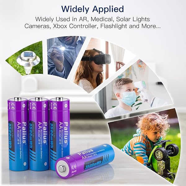 PALLUS 1.5V LITHIUM AA RECHARGEABLE BATTERIES, 4-PACK 3500MWH RECHARGEABLE AA BATTERIES AND FAST CHARGING FOR HOUSEHOLD OFFICE, OUTDOOR BLINK CAMERA, TOYS, HIGH CAPACITY, LONG-LASTING, 1600 CYCLES