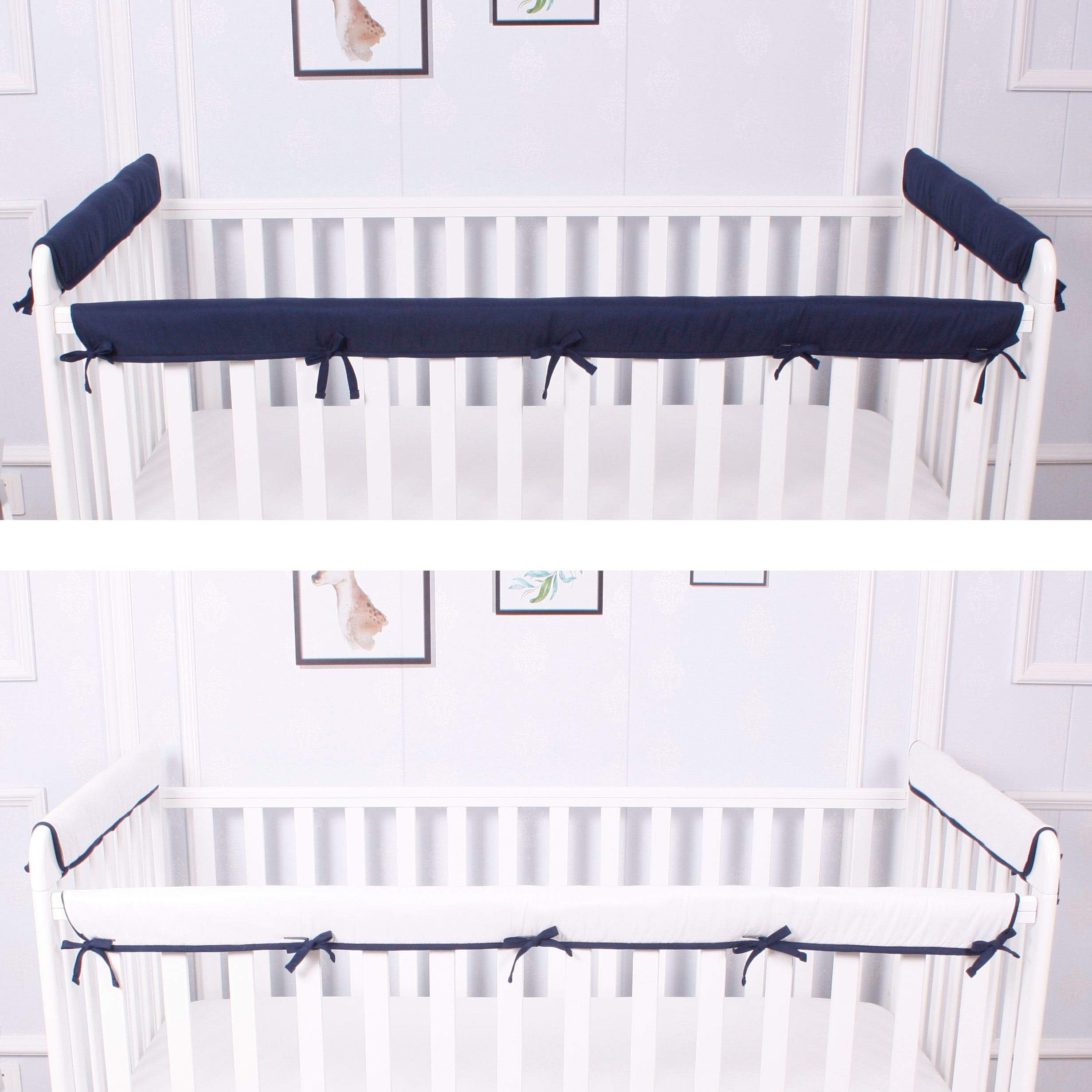 CaSaJa 3 Pieces Reversible Microfiber Crib Rail Cover Set for 1 Front Rail and 2 Side Rails, Soft Batting Inner for Baby Teething Guard, Fits Up to 8 inches Around or 4 inches Folded, Navy or White
